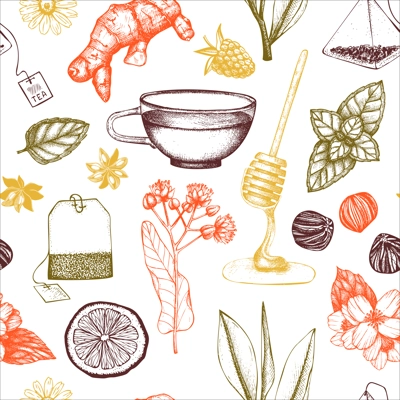 Tea seamless pattern. Herbal tea ingredient background. Herb, spice, fruit, berry sketches. Hand-drawn vector illustration. NOT AI generated